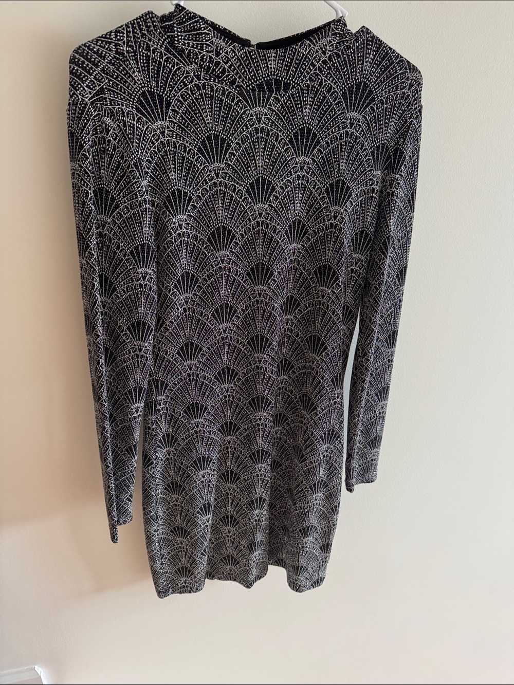 H&M Black Dress with White Fan Print Long Sleeves